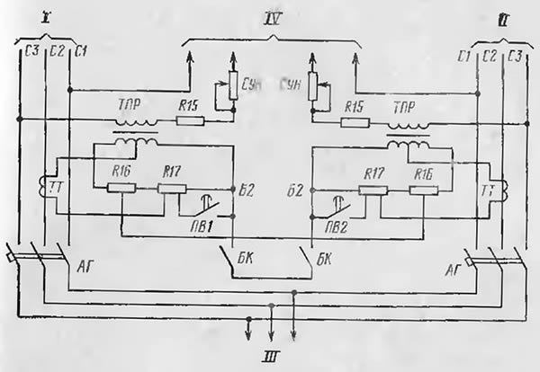 Схема параллельной работы двух генераторов с уравнительными соединениями (без статизма)